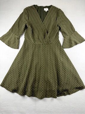 Everly Olive Polka Dot Fit Flare Dress Bell Sleeve Size Small